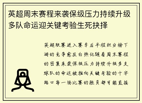 英超周末赛程来袭保级压力持续升级多队命运迎关键考验生死抉择 英超周末赛程来袭保级压力持续升级多队命运迎关键考验生死抉择