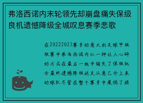 弗洛西诺内末轮领先却崩盘痛失保级良机遗憾降级全城叹息赛季悲歌 弗洛西诺内末轮领先却崩盘痛失保级良机遗憾降级全城叹息赛季悲歌